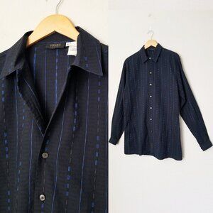Versace Classic V1 Y2K Men's S Black Blue Striped Button Up Shirt Italy Designer